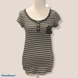 Splash Womens Black White Striped Henley Short Sleeve Pocket T-Shirt Size M